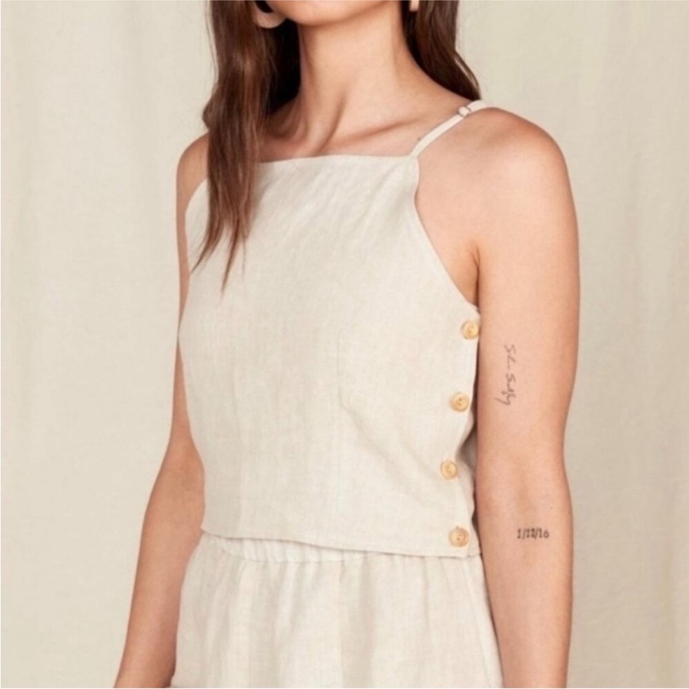 MATE the Label Neutral Beige Issa Linen Crop Top Side Buttons